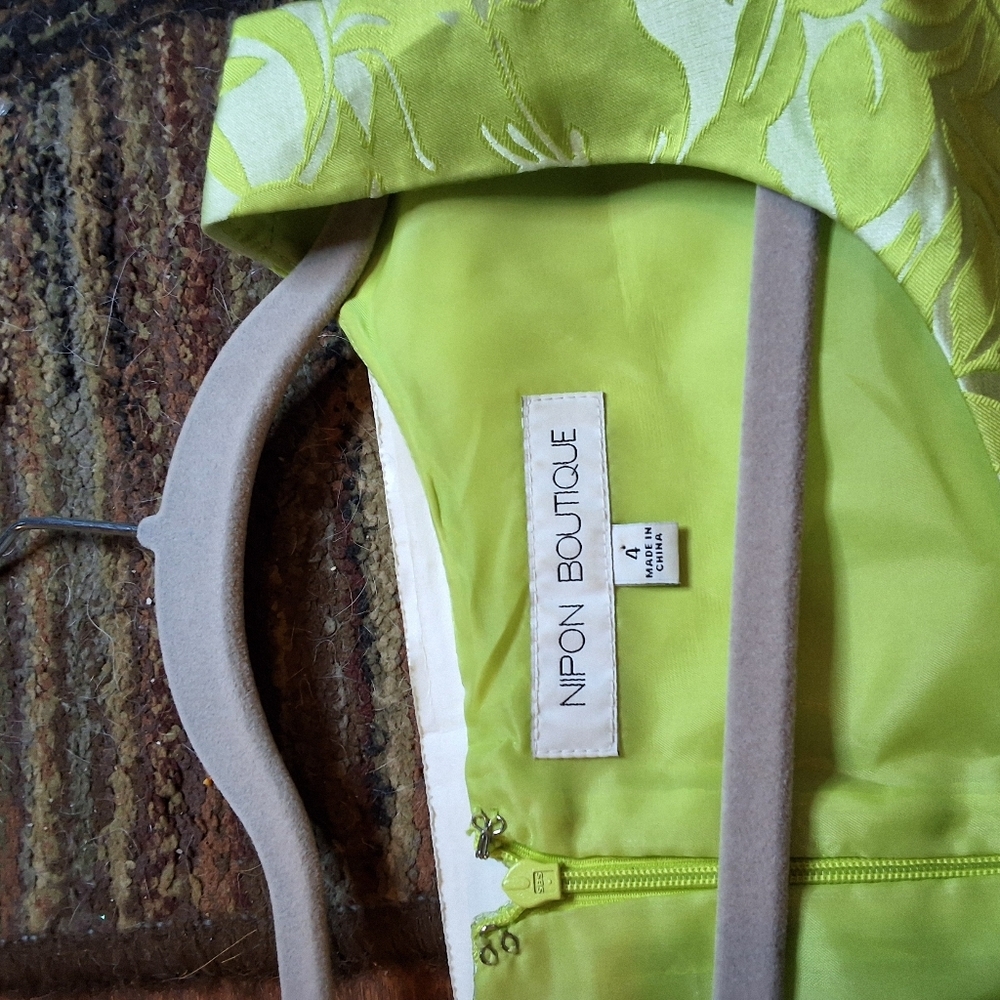 Nipon Boutique Lime Green Jacquard Dress Jacket Set Formal 4 - Picture 5 of 14